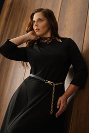 Damla Dekolteli Kemerli Örme Elbise Siyah