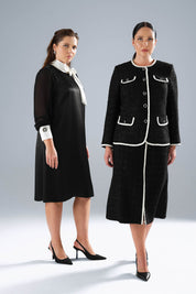 Yakası Fularlı Örme Elbise Siyah