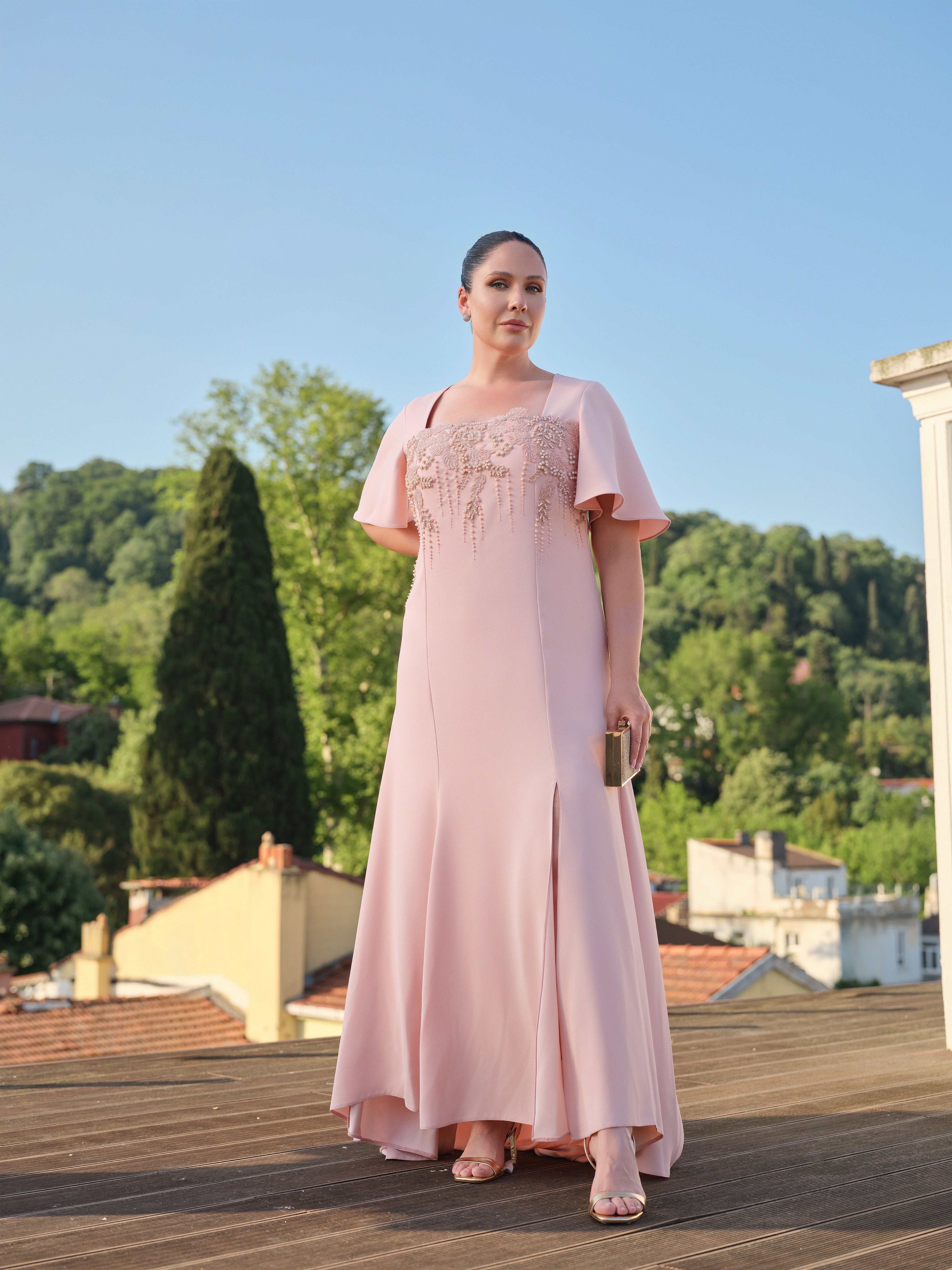 İşlemeli Uzun Abiye Elbise Pudra - ÖN SİPARİŞ