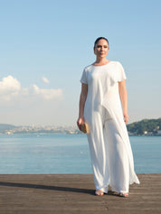 Asimetrik Kesim Uzun Bluz Pantolon Takım Beyaz