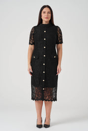 Düğme Detaylı Dantel Elbise Siyah