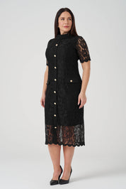 Düğme Detaylı Dantel Elbise Siyah