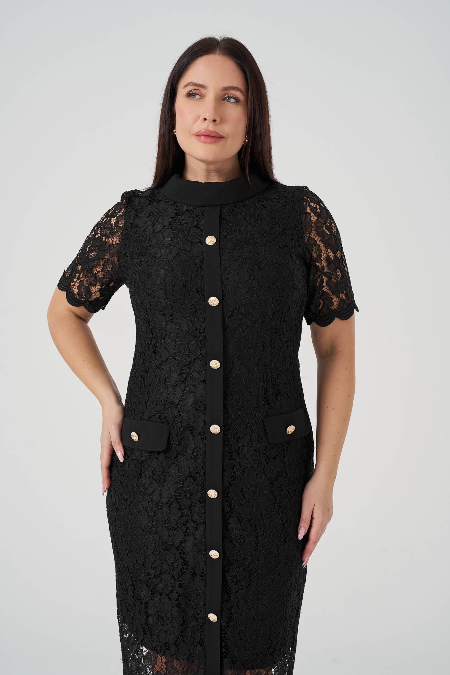 Düğme Detaylı Dantel Elbise Siyah