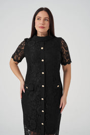 Düğme Detaylı Dantel Elbise Siyah