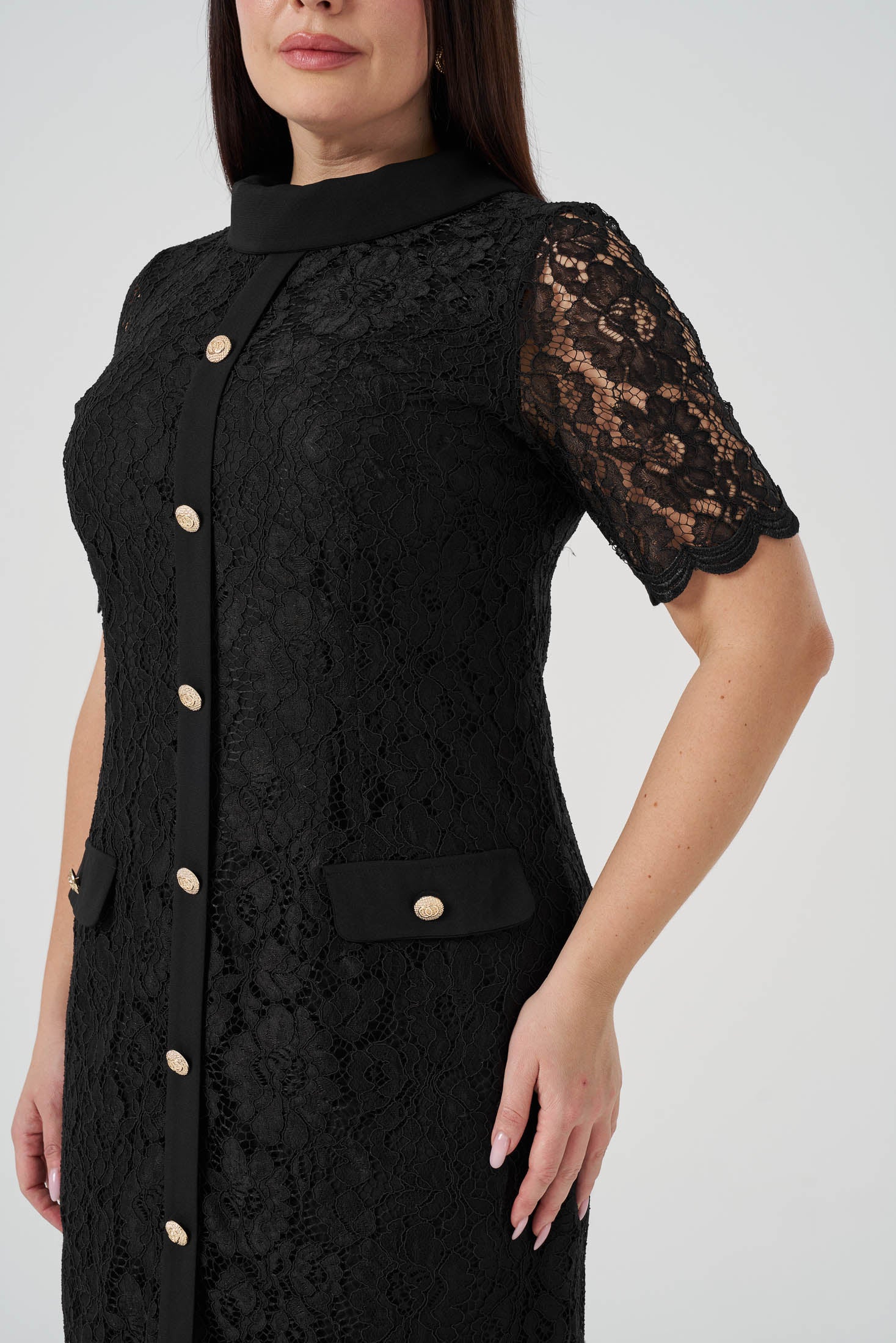 Düğme Detaylı Dantel Elbise Siyah