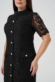 Düğme Detaylı Dantel Elbise Siyah