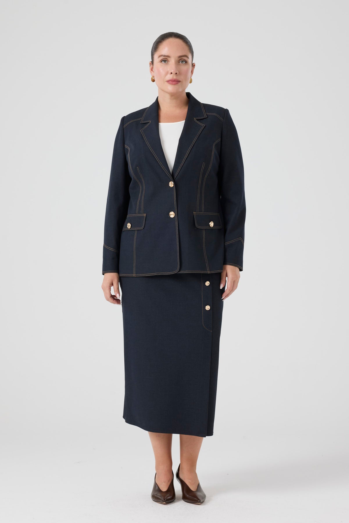 Düğme Detaylı Likralı Kot Etek Lacivert