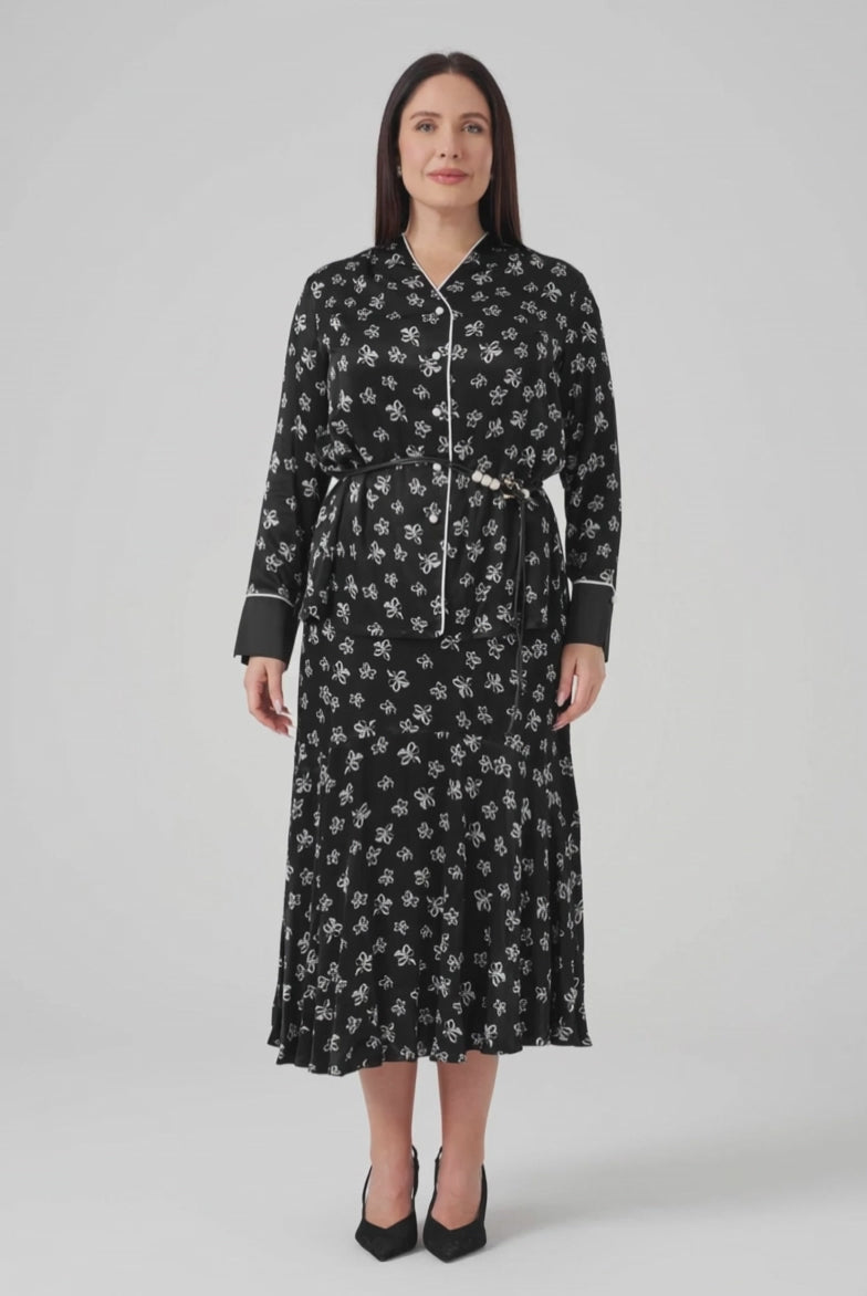 Çiçek Desenli Gömlek Etek Takım Siyah