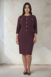 Süs Düğmeli Örme Elbise Bordo